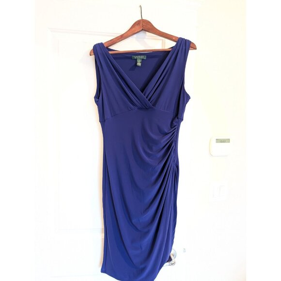 Lauren Ralph Lauren Royal Blue Faux-Wrap Ruched Side Dress — Size 8 - Picture 2 of 6